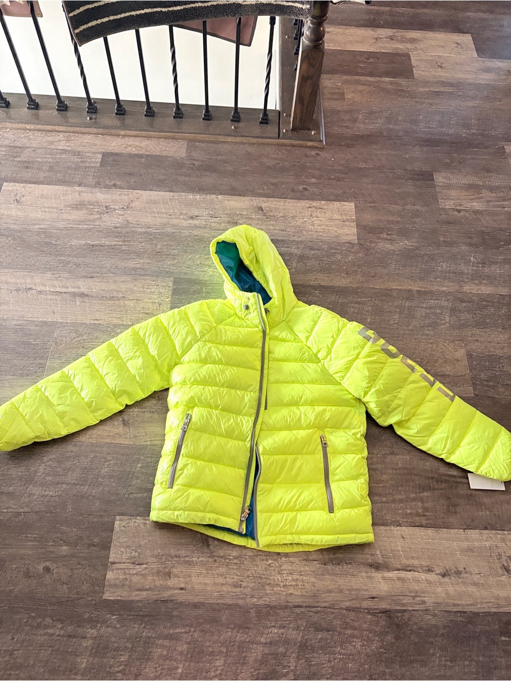 Guess Neon Yellow Hooded Puffer Jacket
